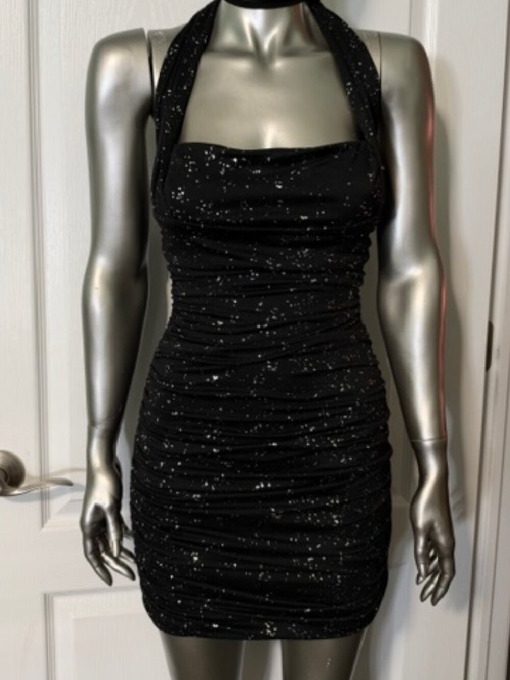 Lucy In The Sky Ruched Bodycon Dress in Black with Silver Shimmer